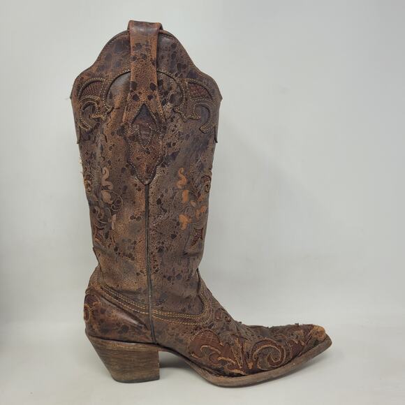 Corral Boots 6.5 Brown Lizard Leather Inlay Snip Toe Cowgirl Western Rodeo C2109 - Picture 6 of 13